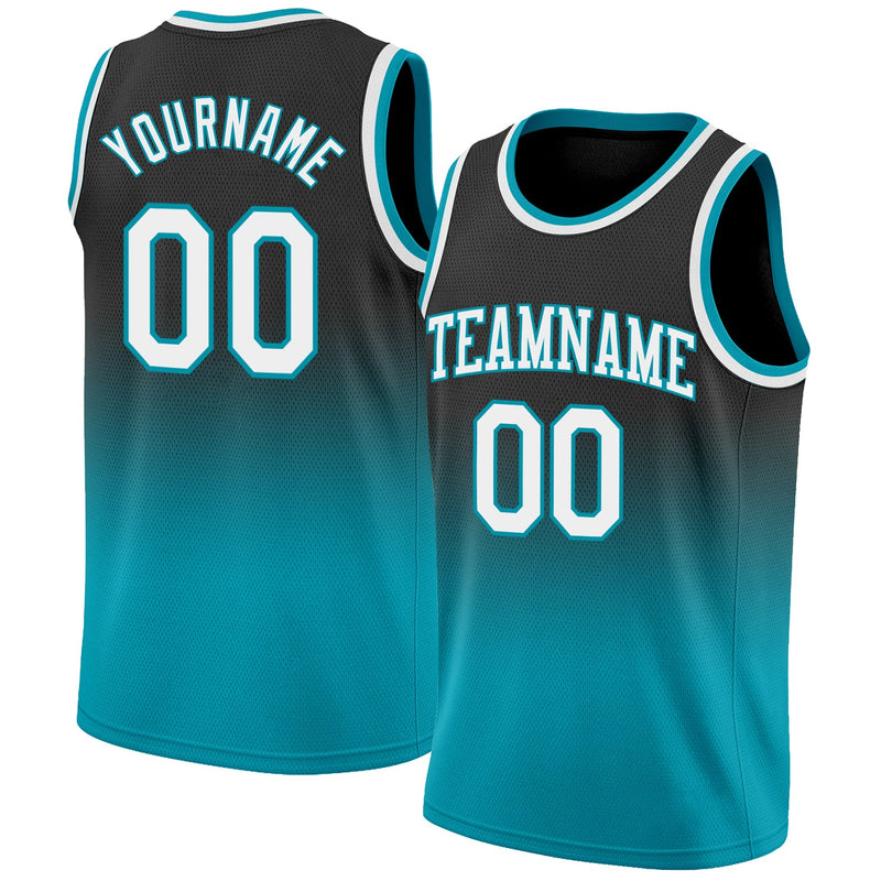 Custom Basketball Jersey - Black White-Teal Authentic Fade Fashion