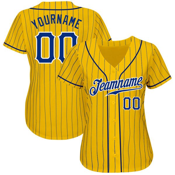 Custom Baseball Jersey - Yellow Royal Pinstripe Royal-White Authentic