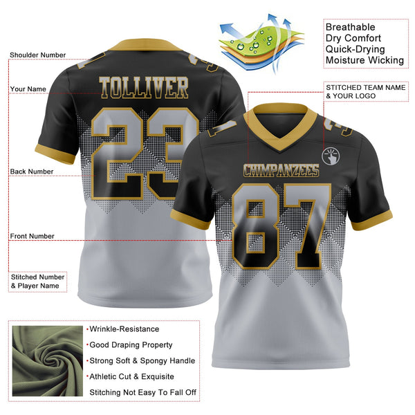 Custom Football Jersey - Black Gray-Old Gold Authentic Gradient Square Shape 7V7 Flag