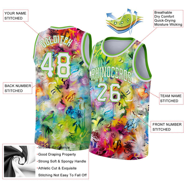 Custom Basketball Jersey - Scratch Graffiti Pattern White-Neon Green 3D Authentic