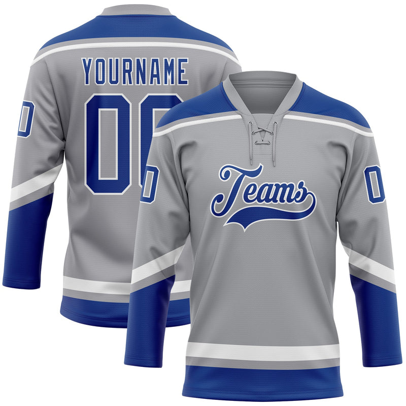 Custom Hockey Jersey - Gray Royal-White Lace Neck