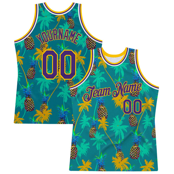 Custom Basketball Jersey - Kelly Green Purple-Gold 3D Pattern Hawaii Palm Trees Pineapples Authentic