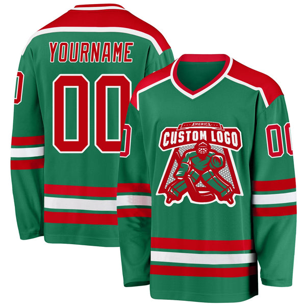 Custom Hockey Jersey - Kelly Green Red-White