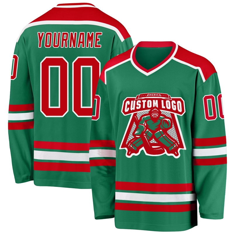 Custom Hockey Jersey - Kelly Green Red-White