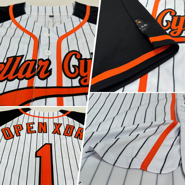 Custom Baseball Jersey - White Black Pinstripe Orange-Black Authentic Raglan Sleeves