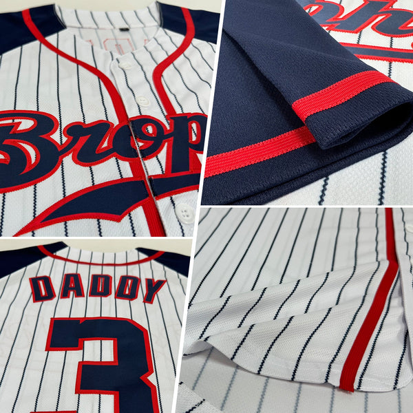 Custom Baseball Jersey - White Navy Pinstripe Navy-Red Authentic Raglan Sleeves