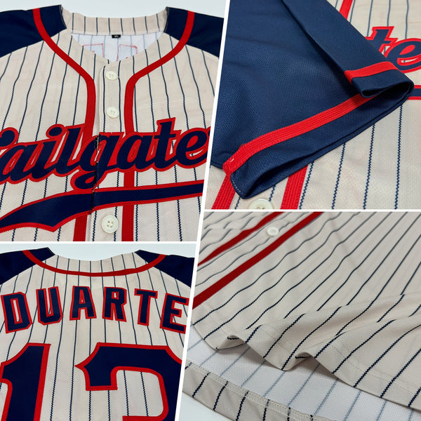 Custom Baseball Jersey - Cream Navy Pinstripe Navy-Red Authentic Raglan Sleeves