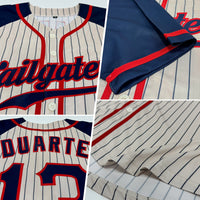 Custom Baseball Jersey - Cream Navy Pinstripe Navy-Red Authentic Raglan Sleeves