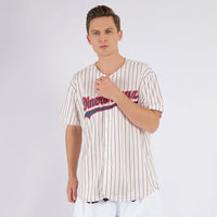 Custom Baseball Jersey - Cream Navy Pinstripe Navy-Red