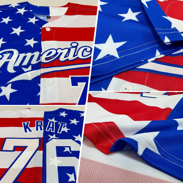 Custom Baseball Jersey - Royal White-Red American Flag Fashion Authentic