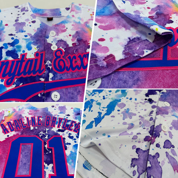 Custom Baseball Jersey - White Royal-Pink 3D Pattern Design Watercolor Authentic