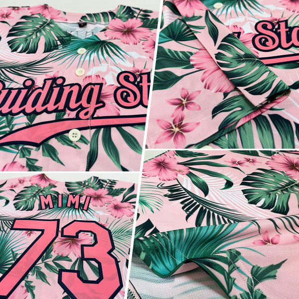 Custom Baseball Jersey - White Medium Pink-Navy 3D Pattern Design Hawaii Palm Leaves And Flowers Authentic