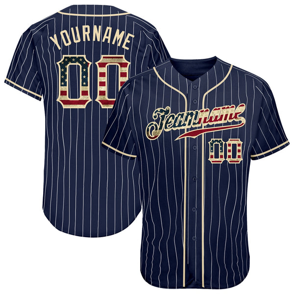 Custom Baseball Jersey - Navy White Pinstripe Vintage USA Flag-Cream Authentic