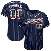 Custom Baseball Jersey - Navy White Pinstripe Vintage USA Flag-White Authentic