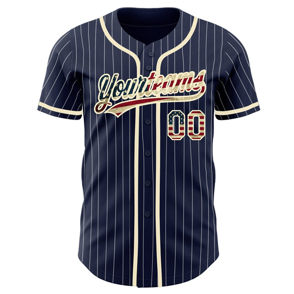 Custom Baseball Jersey - Navy White Pinstripe Vintage USA Flag-Cream Authentic