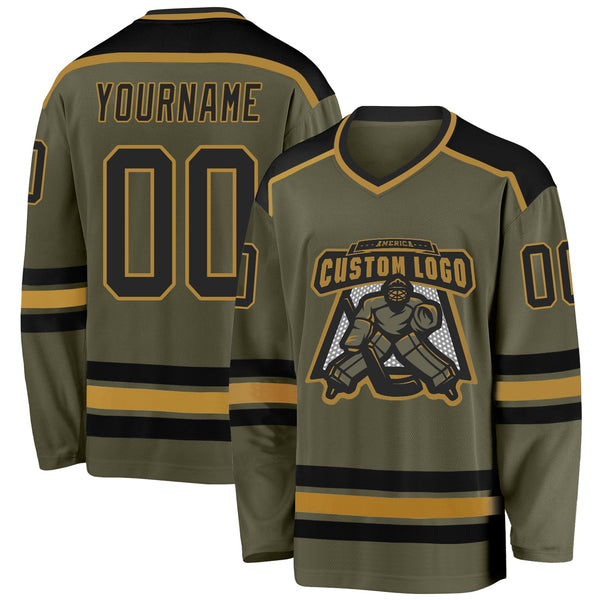 Custom Hockey Jersey - Olive Black-Old Gold Salute To Service