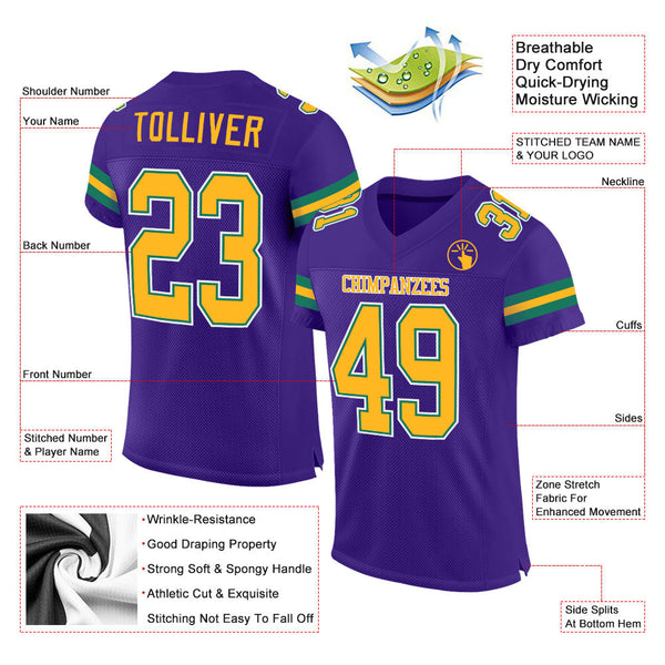 Custom Football Jersey - Purple Gold-Kelly Green Mesh Authentic