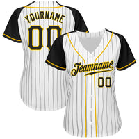 Custom Baseball Jersey - White Black Pinstripe Black-Gold Authentic Raglan Sleeves