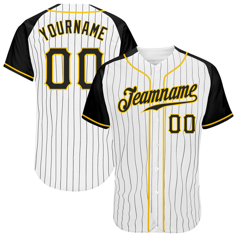Custom Baseball Jersey - White Black Pinstripe Black-Gold Authentic Raglan Sleeves