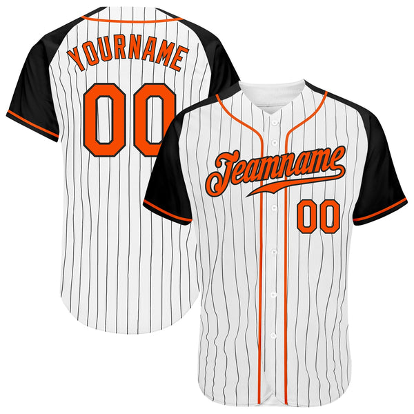 Custom Baseball Jersey - White Black Pinstripe Orange-Black Authentic Raglan Sleeves