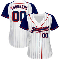 Custom Baseball Jersey - White Navy Pinstripe Navy-Red Authentic Raglan Sleeves