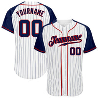 Custom Baseball Jersey - White Navy Pinstripe Navy-Red Authentic Raglan Sleeves