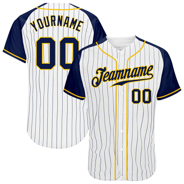 Custom Baseball Jersey - White Navy Pinstripe Navy-Gold Authentic Raglan Sleeves