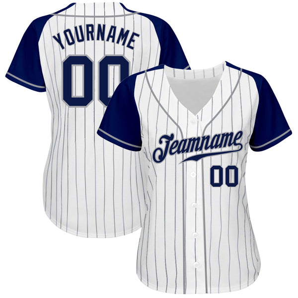 Custom Baseball Jersey - White Navy Pinstripe Navy-Gray Authentic Raglan Sleeves