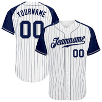Custom Baseball Jersey - White Navy Pinstripe Navy-Gray Authentic Raglan Sleeves