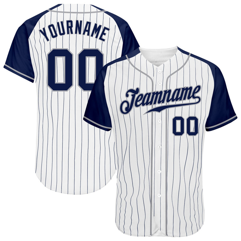 Custom Baseball Jersey - White Navy Pinstripe Navy-Gray Authentic Raglan Sleeves
