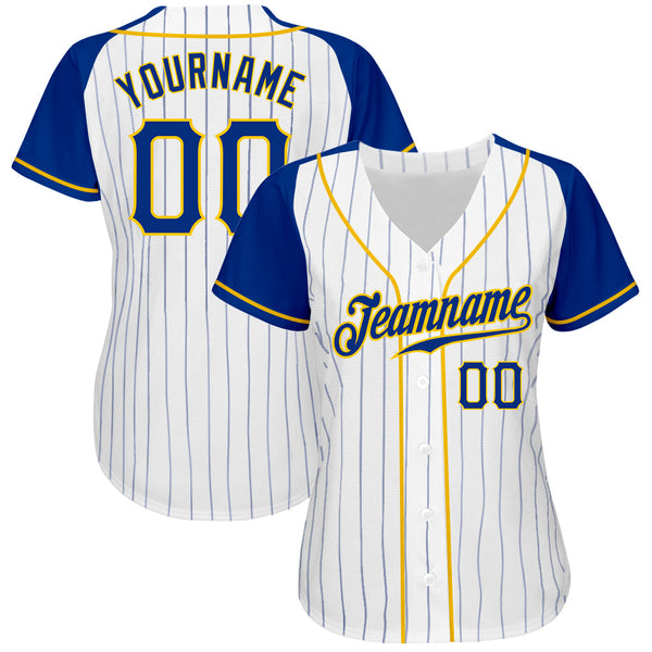 Custom Baseball Jersey - White Royal Pinstripe Royal-Gold Authentic Raglan Sleeves