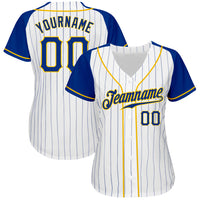 Custom Baseball Jersey - White Royal Pinstripe Royal-Gold Authentic Raglan Sleeves