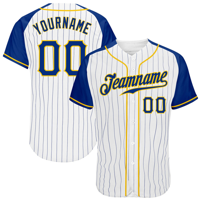 Custom Baseball Jersey - White Royal Pinstripe Royal-Gold Authentic Raglan Sleeves