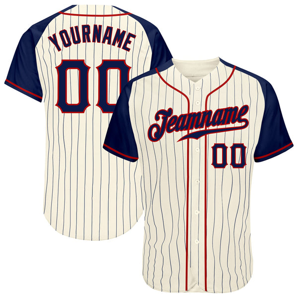 Custom Baseball Jersey - Cream Navy Pinstripe Navy-Red Authentic Raglan Sleeves