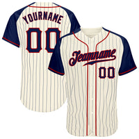 Custom Baseball Jersey - Cream Navy Pinstripe Navy-Red Authentic Raglan Sleeves