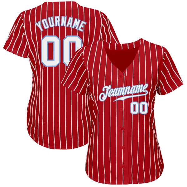 Custom Baseball Jersey - Red White Pinstripe White-Light Blue Authentic