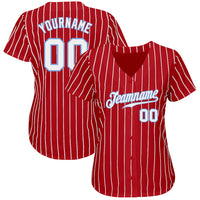 Custom Baseball Jersey - Red White Pinstripe White-Light Blue Authentic