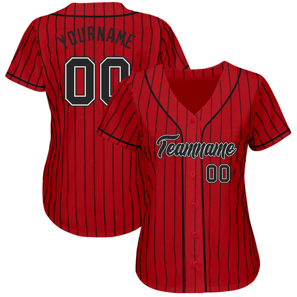 Custom Baseball Jersey - Red Black Pinstripe Black-White Authentic
