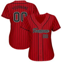 Custom Baseball Jersey - Red Black Pinstripe Black-White Authentic