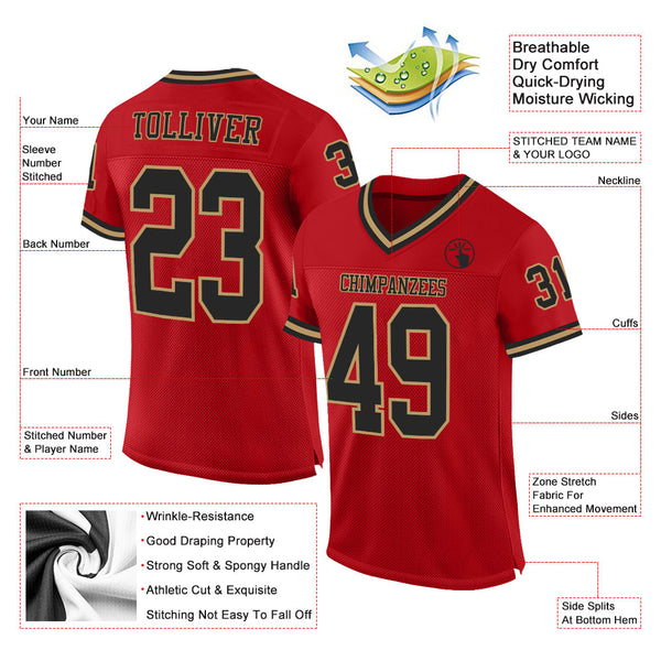 Custom Football Jersey - Red Black-Old Gold Mesh Authentic Throwback