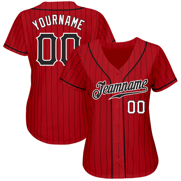 Custom Baseball Jersey - Red Black Pinstripe Black-White Authentic