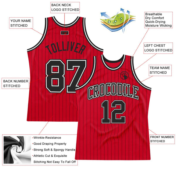 Custom Basketball Jersey - Red Black Pinstripe Black-White Authentic