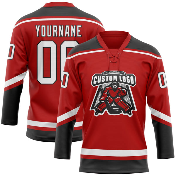 Custom Hockey Jersey - Red White-Black Lace Neck