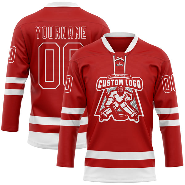 Custom Hockey Jersey - Red White Lace Neck