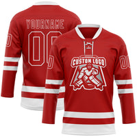 Custom Hockey Jersey - Red White Lace Neck