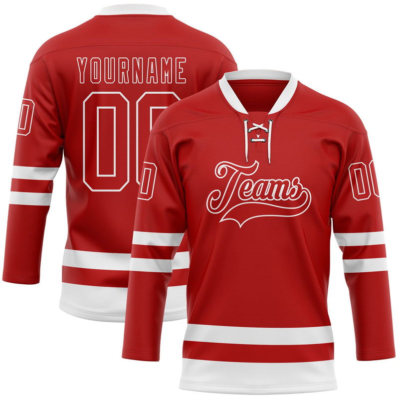 Custom Hockey Jersey - Red White Lace Neck
