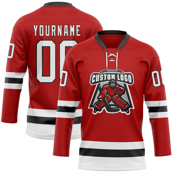 Custom Hockey Jersey - Red White-Black Lace Neck
