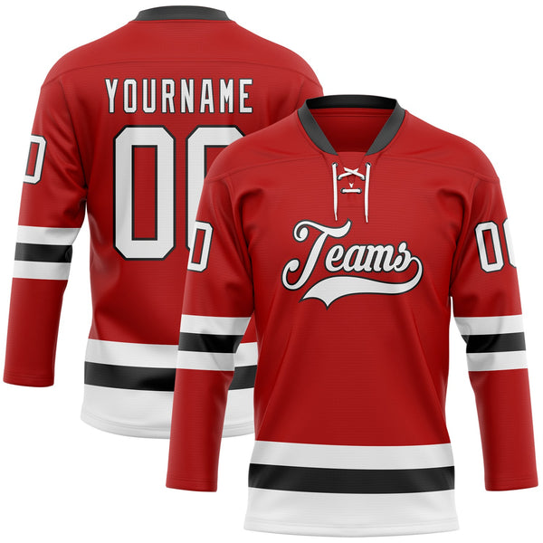 Custom Hockey Jersey - Red White-Black Lace Neck