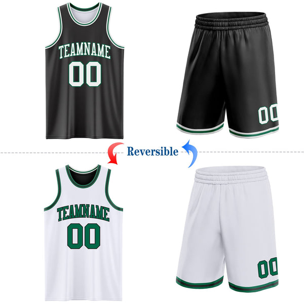 Custom Basketball Jersey - Reversible Black White-Kelly Green Double Side Sublimation Set