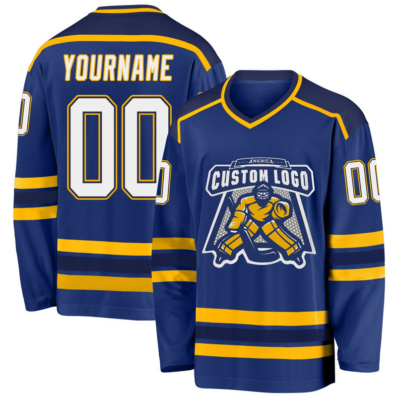 Custom Hockey Jersey - Royal White Navy-Gold
